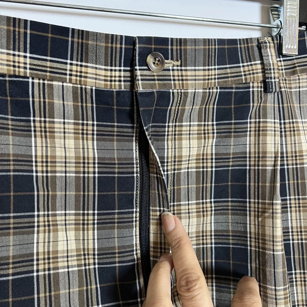 Mens Plaid Shorts Size 36 Brown Cotton Pleated Chino Preppy Classic Golf Casual